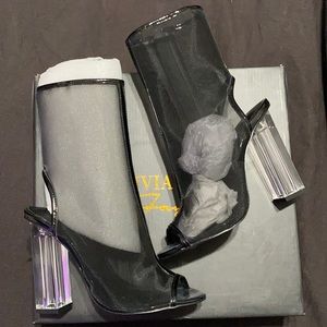 AMI Clubwear black patent and mesh open toe heel